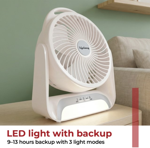 LLSCUDF003 Lifelong Rechargeable Personal Table Fan with LED Light | 5W BLDC Motor | 3 Speed up to 2700 RPM | 2000mAh Battery | Portable Desk Fan