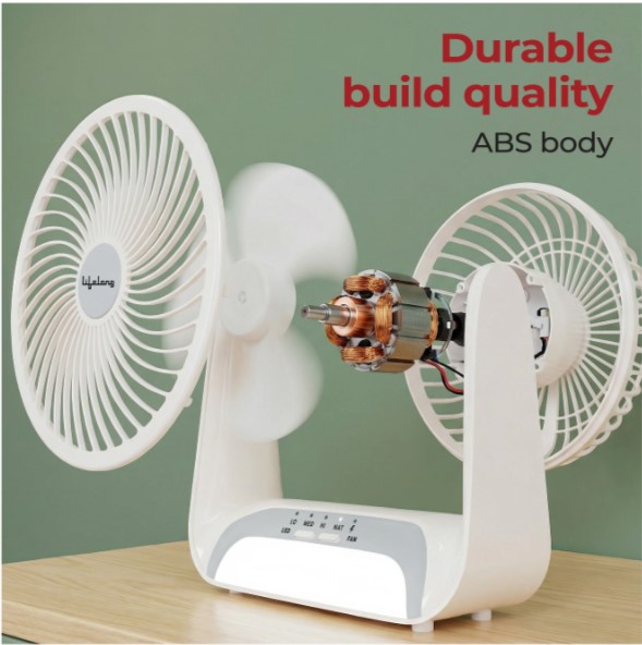 LLSCUDF003 Lifelong Rechargeable Personal Table Fan with LED Light | 5W BLDC Motor | 3 Speed up to 2700 RPM | 2000mAh Battery | Portable Desk Fan