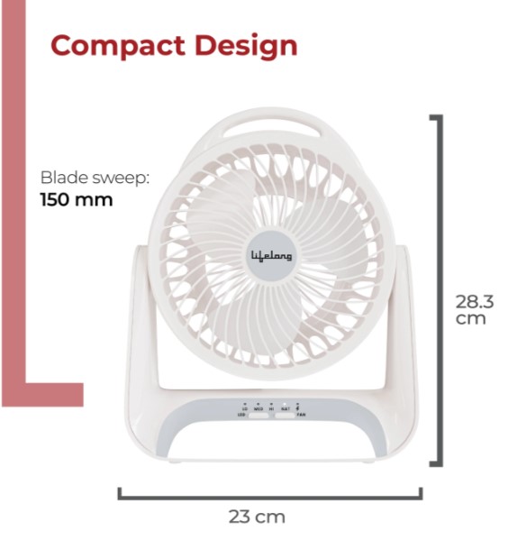 LLSCUDF003 Lifelong Rechargeable Personal Table Fan with LED Light | 5W BLDC Motor | 3 Speed up to 2700 RPM | 2000mAh Battery | Portable Desk Fan