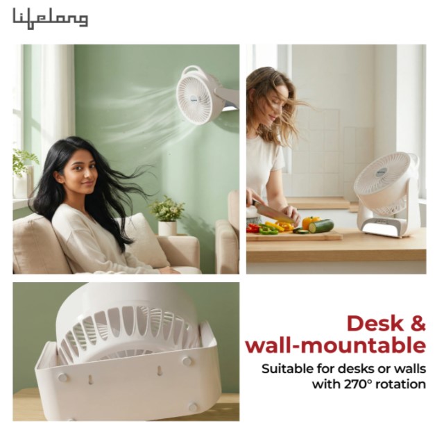 LLSCUDF003 Lifelong Rechargeable Personal Table Fan with LED Light | 5W BLDC Motor | 3 Speed up to 2700 RPM | 2000mAh Battery | Portable Desk Fan
