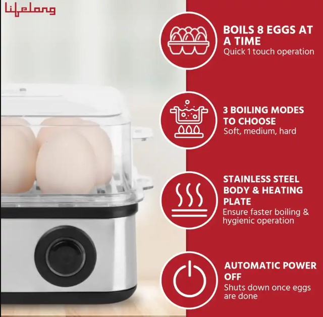 Lifelong Silver-Toned Stainless Steel 8 Eggs 2 In1 Egg Boiler & Poacher 500W LLEB02