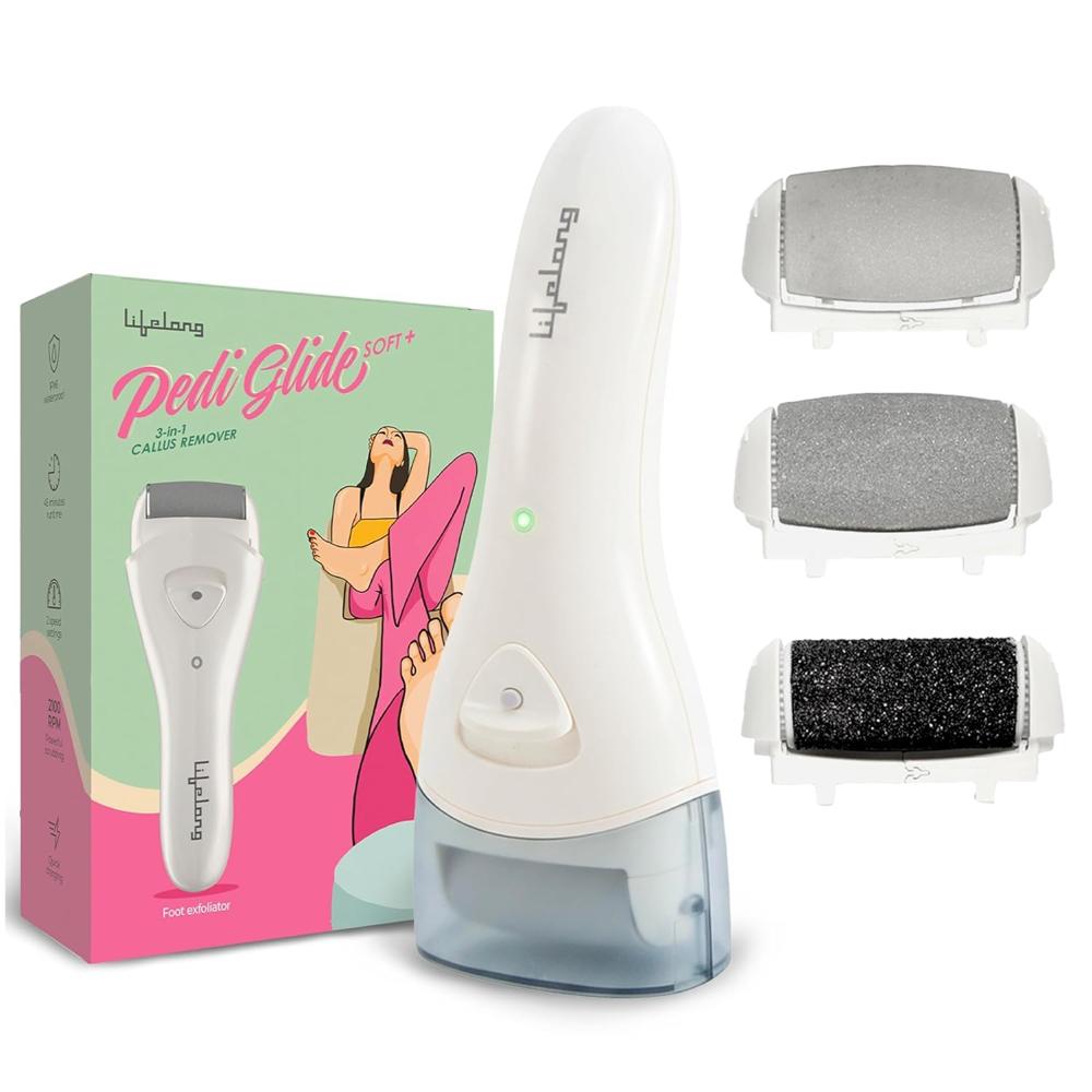 Lifelong Pediglide Soft+ 3-in-1 Callus Remover For Feet | Electronic Foot Scrubber For Dead Skin | 3 Changeable Roller Heads | Focus Light  Llpcw208 - Color: Grey