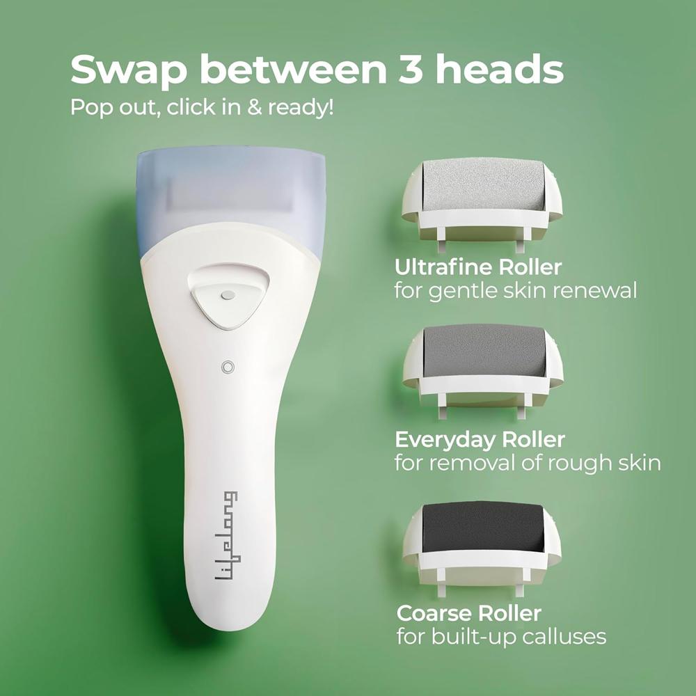 Lifelong PediGlide Soft+ 3-in-1 Callus Remover For Feet | Electronic Foot Scrubber for Dead Skin | 3 Changeable Roller Heads | Focus Light  LLPCW208