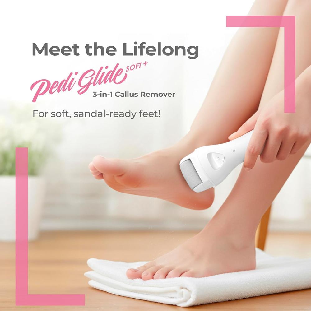 Lifelong PediGlide Soft+ 3-in-1 Callus Remover For Feet | Electronic Foot Scrubber for Dead Skin | 3 Changeable Roller Heads | Focus Light  LLPCW208