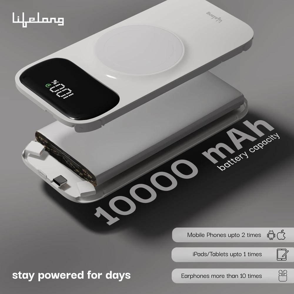 Lifelong ChargeMate 10000 mAh 22.5 W Wireless with MagSafe Slim Pocket Size Power Bank (White, Lithium Polymer, Fast Charging LLPBVM10