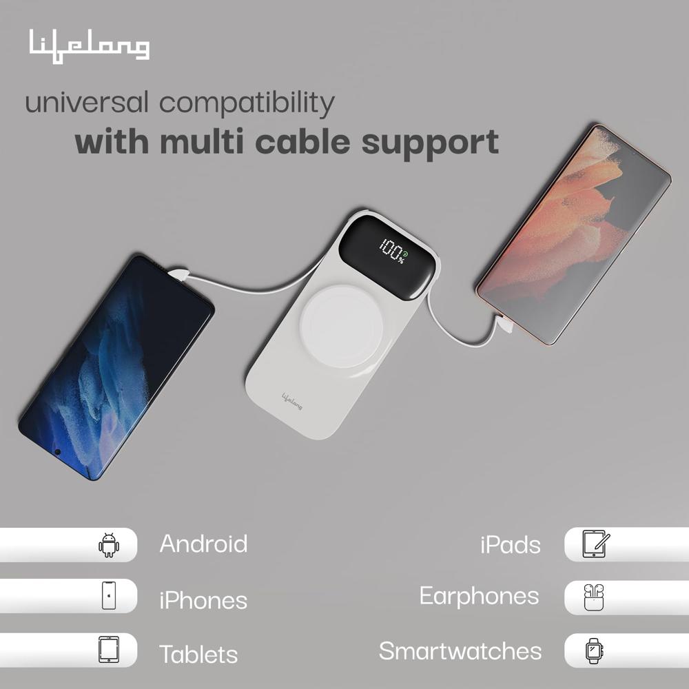 Lifelong ChargeMate 10000 mAh 22.5 W Wireless with MagSafe Slim Pocket Size Power Bank (White, Lithium Polymer, Fast Charging LLPBVM10