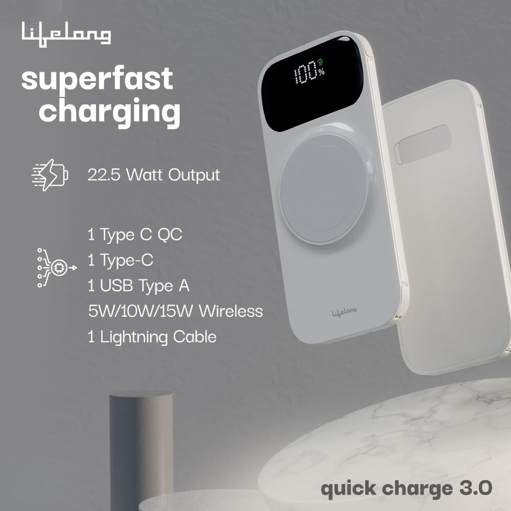 Lifelong ChargeMate 10000 mAh 22.5 W Wireless with MagSafe Slim Pocket Size Power Bank (White, Lithium Polymer, Fast Charging LLPBVM10