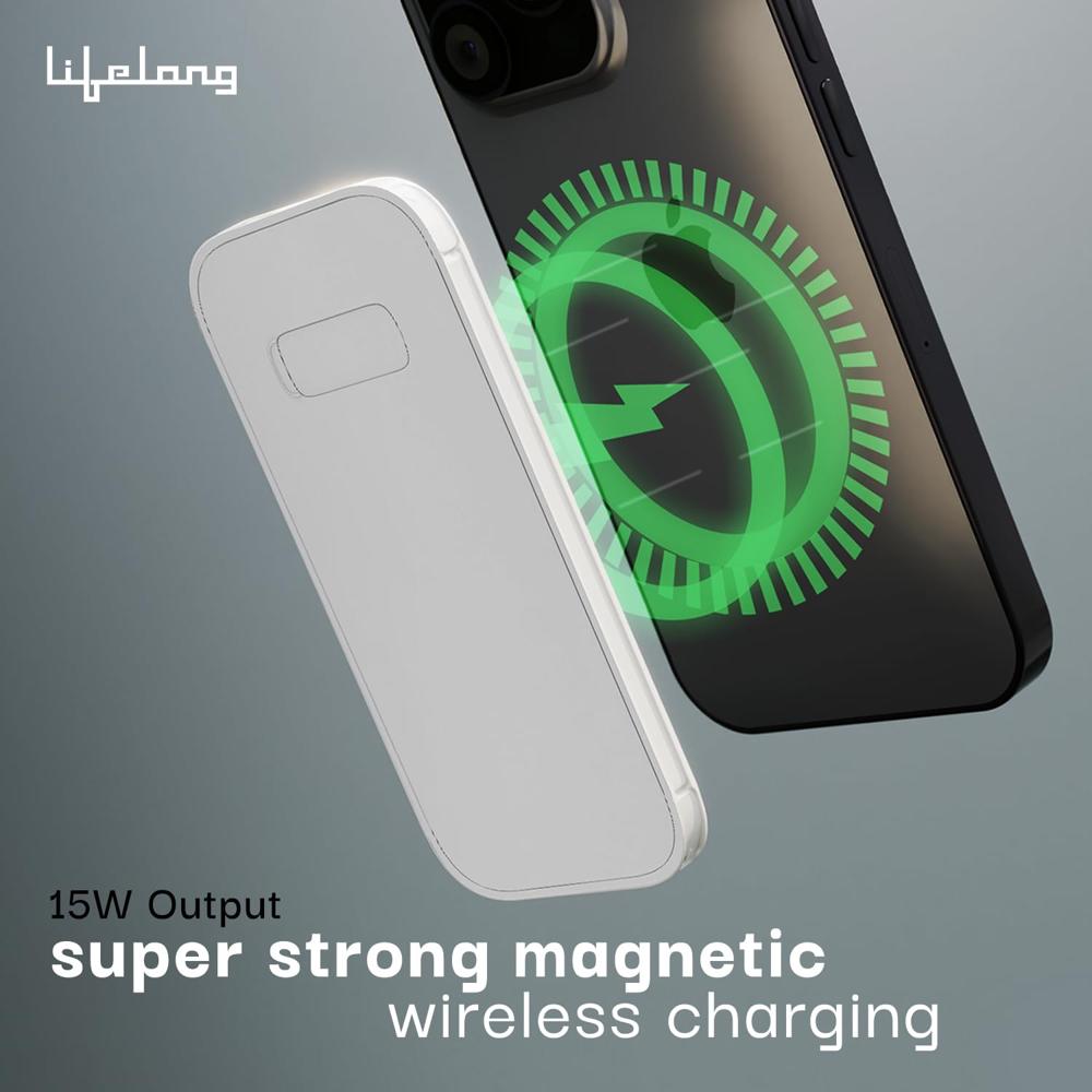 Lifelong ChargeMate 10000 mAh 22.5 W Wireless with MagSafe Slim Pocket Size Power Bank (White, Lithium Polymer, Fast Charging LLPBVM10
