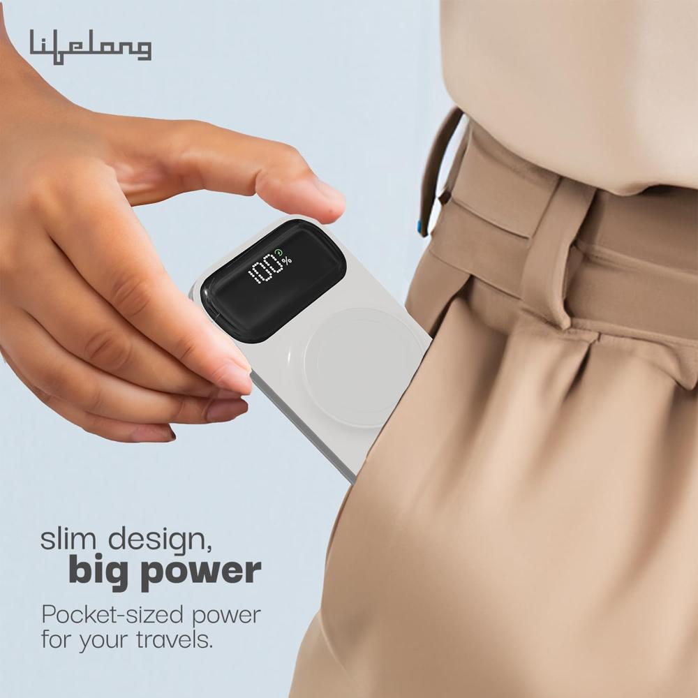 Lifelong ChargeMate 10000 mAh 22.5 W Wireless with MagSafe Slim Pocket Size Power Bank (White, Lithium Polymer, Fast Charging LLPBVM10