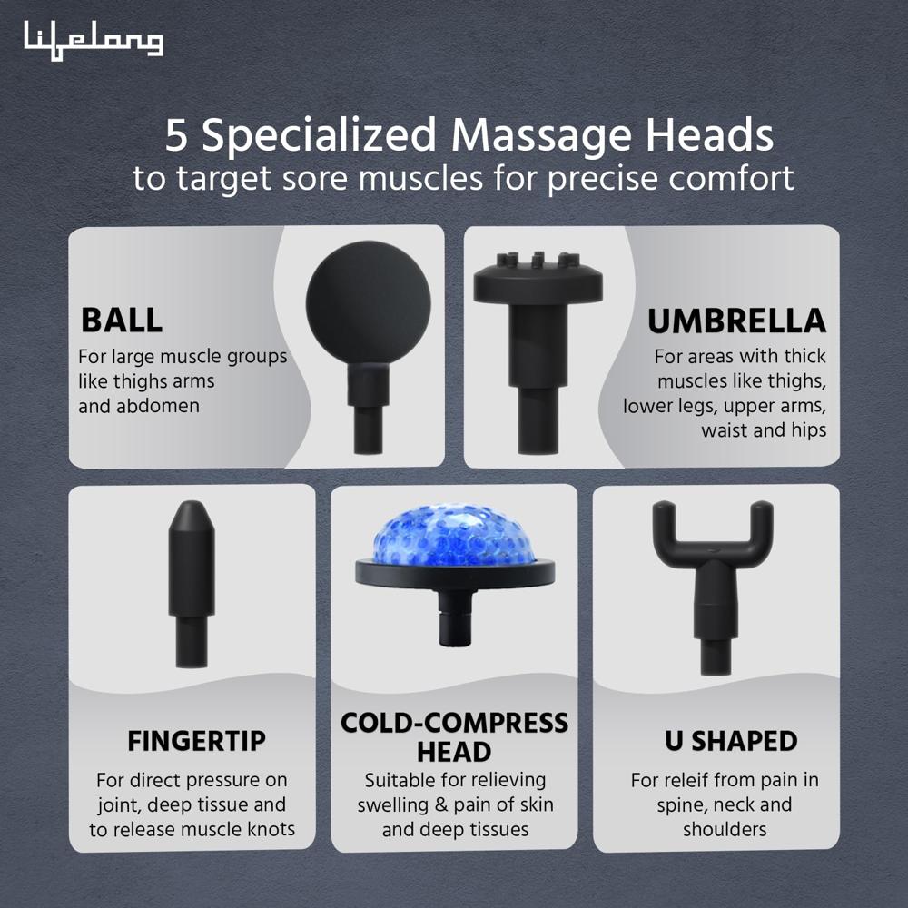 Lifelong LLGM189 Gun Massager with 5 Massage Heads |4700 RPM| 3 Modes & 99 Speed Settings, Rechargeable