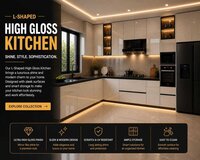 L-shaped High Gloss Modular Kitchen - Waterproof Plywood, Granite/quartz Countertops, Soft-close Drawers, Led Lighting