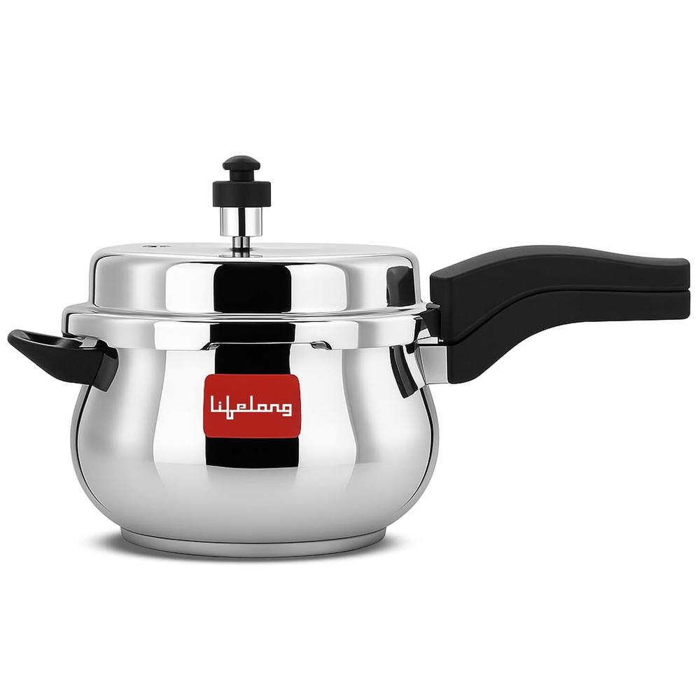 Lifelong Stainless Steel Curve Pressure Cooker 5Liters | Induction & Gas Stove Compatible with Outer Lid, ISI Certified & Lock System | Safe & Durable Kitchen Essential with 5 Years Warranty (Silver)