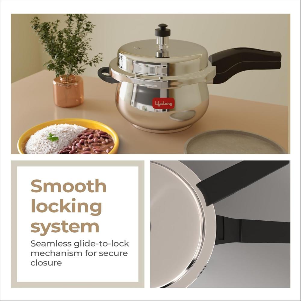 Lifelong Stainless Steel Curve Pressure Cooker 5Liters | Induction & Gas Stove Compatible with Outer Lid, ISI Certified & Lock System | Safe & Durable Kitchen Essential with 5 Years Warranty (Silver)