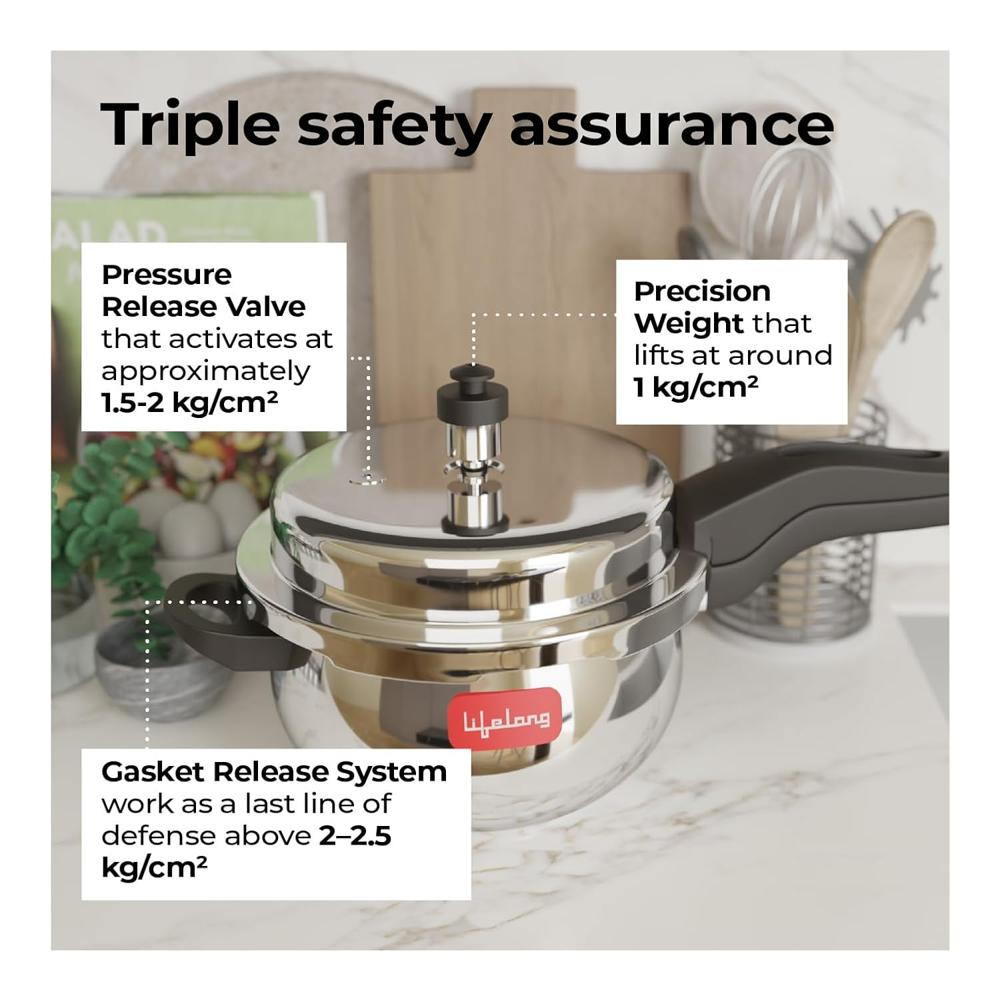 Lifelong Stainless Steel Curve Pressure Cooker 5Liters | Induction & Gas Stove Compatible with Outer Lid, ISI Certified & Lock System | Safe & Durable Kitchen Essential with 5 Years Warranty (Silver)