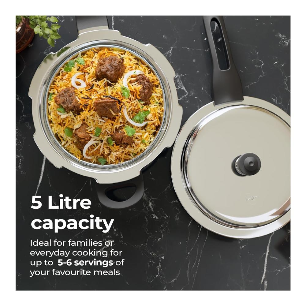 Lifelong Stainless Steel Curve Pressure Cooker 5Liters | Induction & Gas Stove Compatible with Outer Lid, ISI Certified & Lock System | Safe & Durable Kitchen Essential with 5 Years Warranty (Silver)