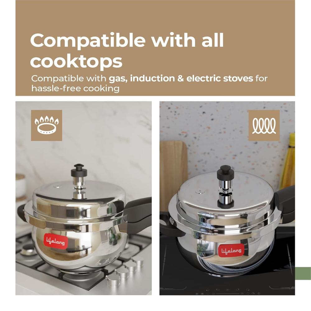 Lifelong Stainless Steel Curve Pressure Cooker 5Liters | Induction & Gas Stove Compatible with Outer Lid, ISI Certified & Lock System | Safe & Durable Kitchen Essential with 5 Years Warranty (Silver)