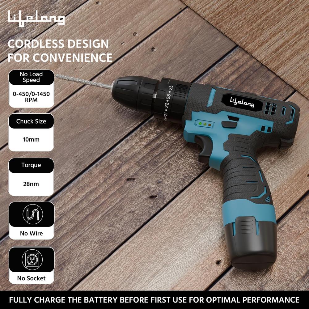 Lifelong 12V Cordless Drill Machine For Home Use|Cordless Screw Driver Machine|2-Speed, 0-1500Rpm 