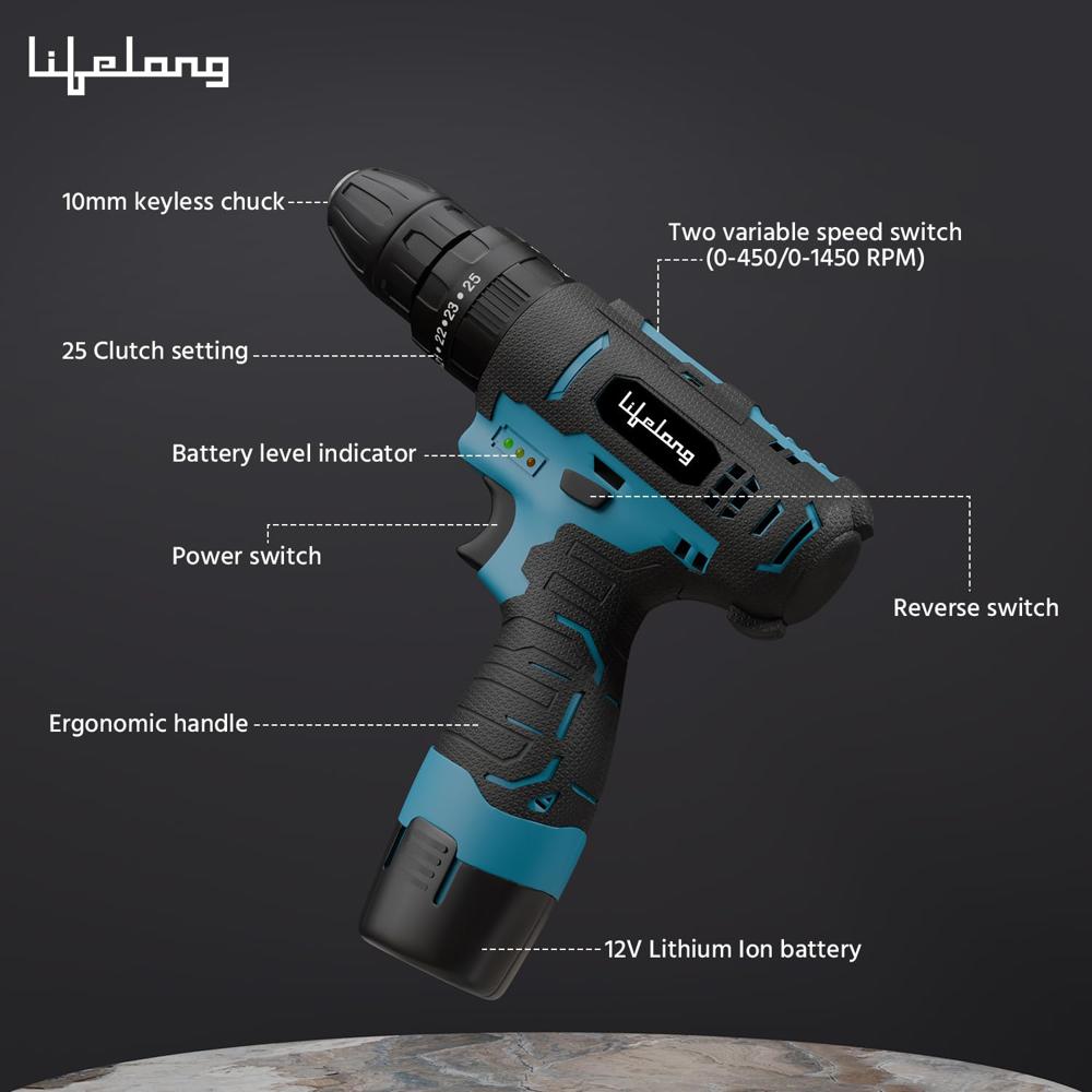 Lifelong 12V Cordless Drill Machine For Home Use|Cordless Screw Driver Machine|2-Speed, 0-1500Rpm 