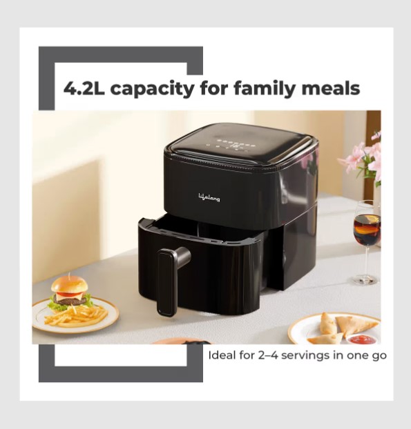 Lifelong 4.2 Litre Digital Air Fryer | Touch Control, 7 Preset Menu, Detachable Handle, Non-Stick Basket, Rapid Air Technology | Oil-Free Cooking for Grilling   LLHFD442