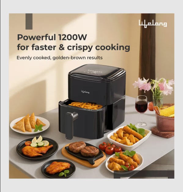 Lifelong 4.2 Litre Digital Air Fryer | Touch Control, 7 Preset Menu, Detachable Handle, Non-Stick Basket, Rapid Air Technology | Oil-Free Cooking for Grilling   LLHFD442