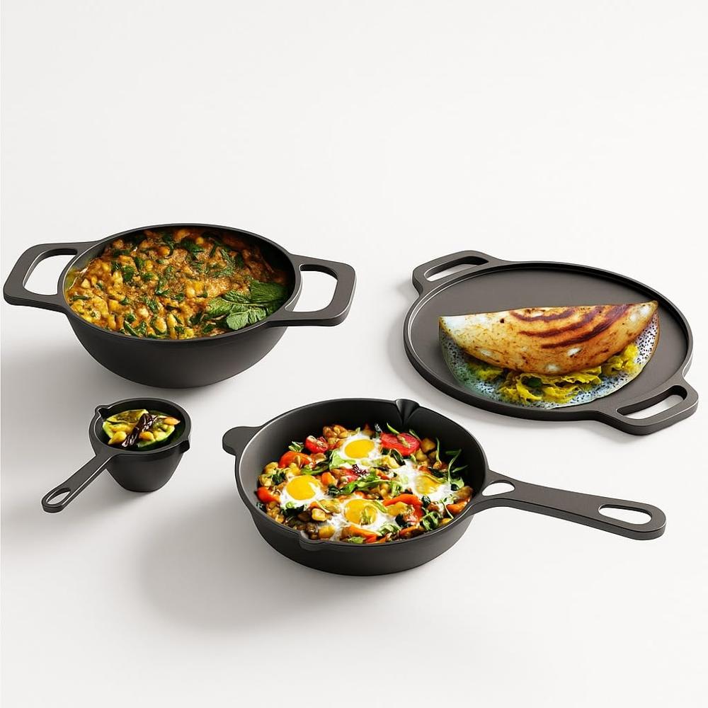 Lifelong Cast Iron Cookware Combo Set | 4-Piece Pre-Seasoned - Tawa (30cm), Kadhai (24cm), Fry Pan (20cm) & Tadka Pan |