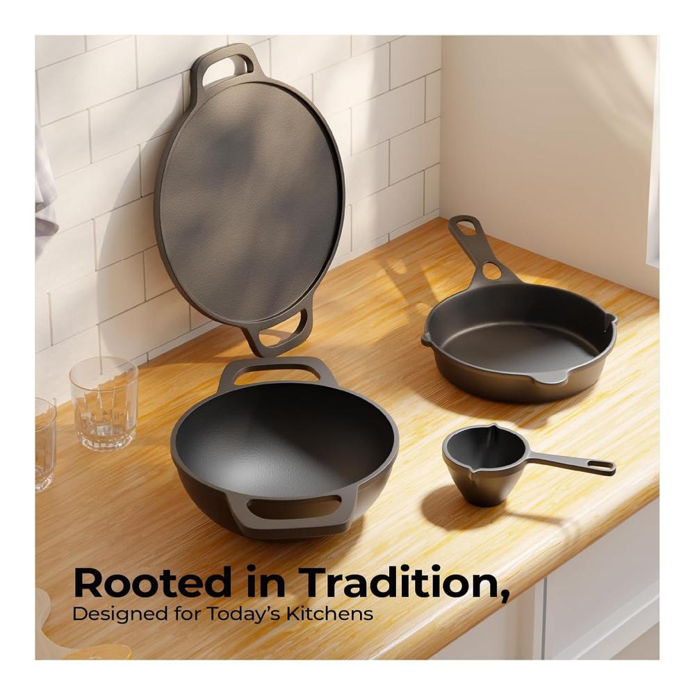 Lifelong Cast Iron Cookware Combo Set | 4-Piece Pre-Seasoned - Tawa (30cm), Kadhai (24cm), Fry Pan (20cm) & Tadka Pan |
