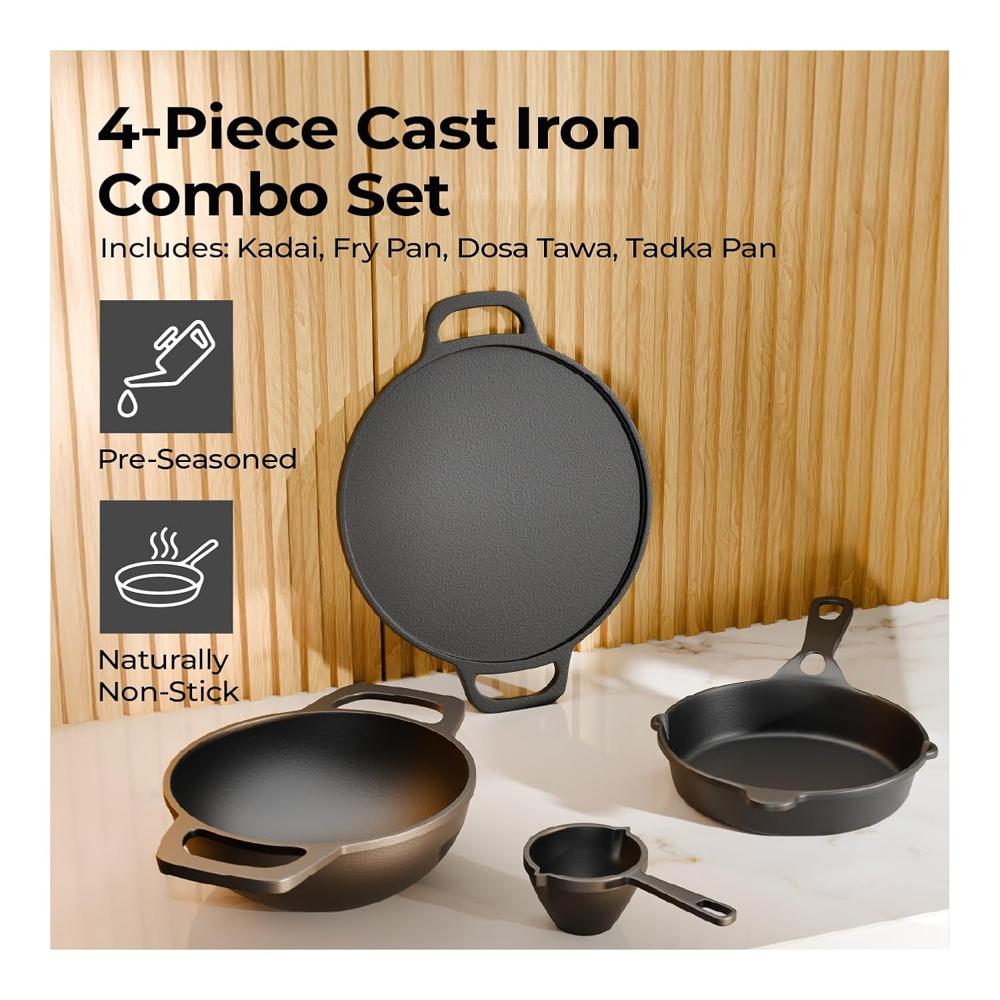 Lifelong Cast Iron Cookware Combo Set | 4-Piece Pre-Seasoned - Tawa (30cm), Kadhai (24cm), Fry Pan (20cm) & Tadka Pan |