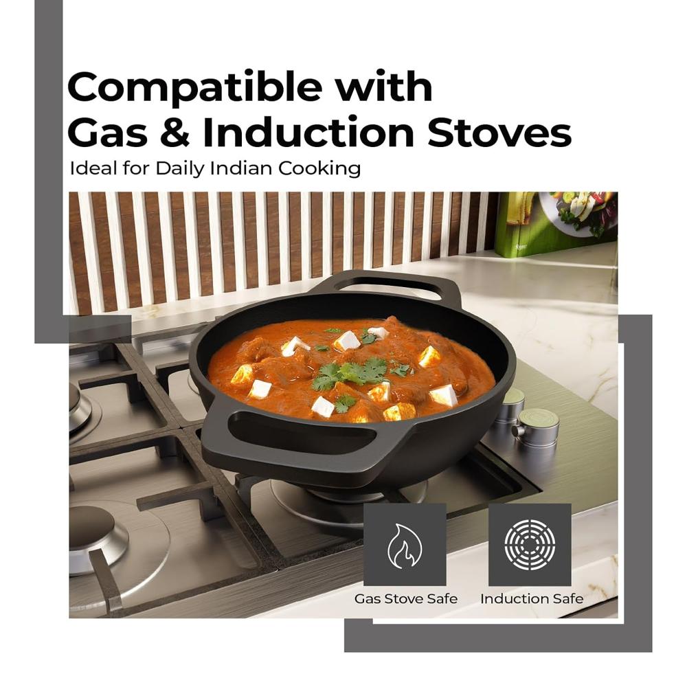 Lifelong Cast Iron Cookware Combo Set | 4-Piece Pre-Seasoned - Tawa (30cm), Kadhai (24cm), Fry Pan (20cm) & Tadka Pan |