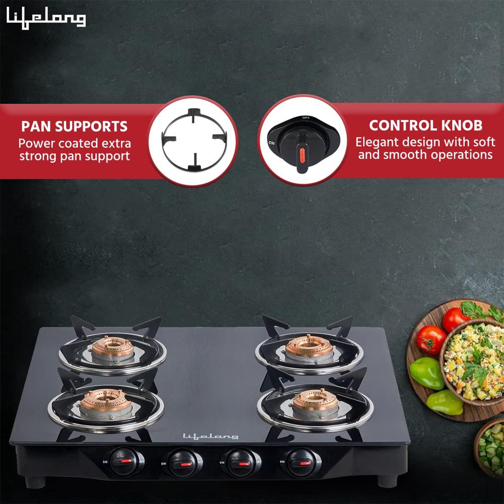 Lifelong Glass Top Gas Stove, 4 Burner Gas Stove, Black (ISI Certified,1 year warranty with Doorstep Service  LLGS30