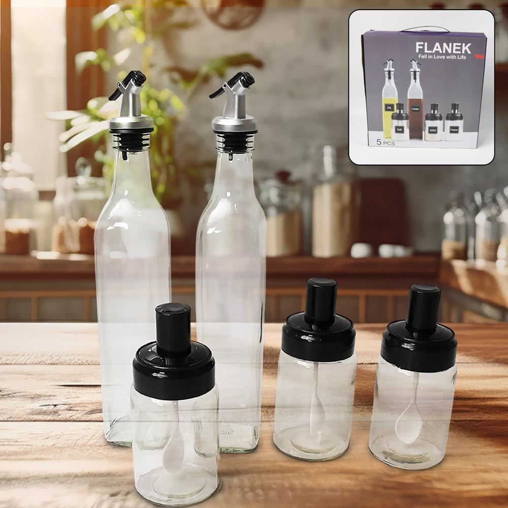 Transparent Glassoil Dispenser 500 Ml Bottle Set Of 2, Spice Jar 250 Ml Set Of 3, Oil Bottle For Kitchen, Oil & Vinegar Storage Glass Bottle, Glass Container For Spice, Masala (5 Pcs Set) - Color: Mix