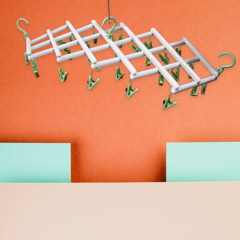 Adjustable Clothes Hanger with 29 Clips  Windproof Dryer Rack