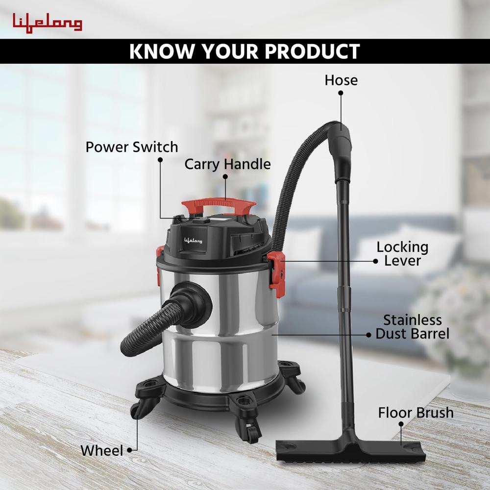 Lifelong Aspire ZX Wet & Dry Vacuum Cleaner, 1200 Watts, 16 kPa Suction Power, 21 litres Tank Capacity for Home Use, LLVC20