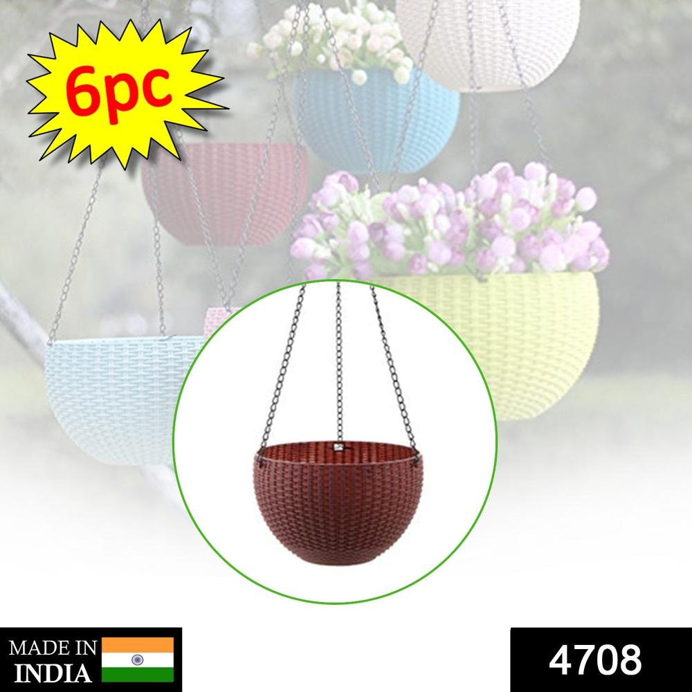 Plastic Hanging Flower Pot And Flower Pot With Chain (6 Pc) - Color: Mix
