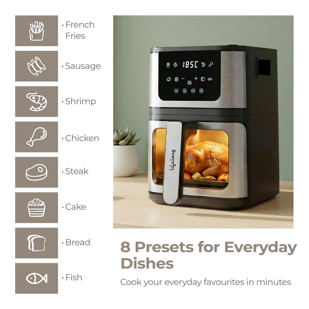 Lifelong BRIK 2-in-1 Air Fryer & Barbeque | 1350W Power, 8 Presets | 4.2L Basket with Glass Window 