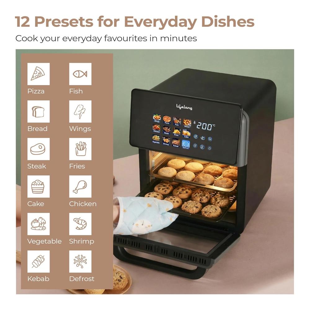 Lifelong Air Fryer Oven 10L | 12 Preset Modes | 1350W Power | Healthy Low Oil Cooking, Rapid Air