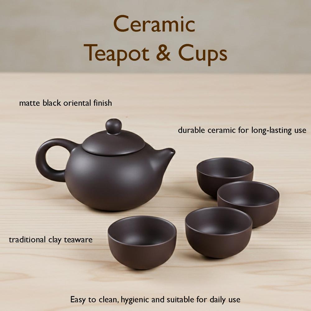 Premium Black Clay / Ceramic Tea Set With Teapot & 4 Cups - Color: Mix