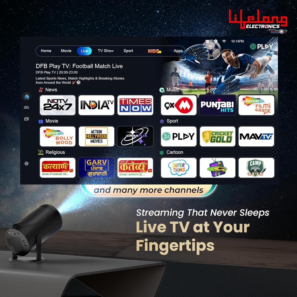 Lifelong Electronics Built-in Live TV Smart Projector | with 90+ Channels (No Subscription Required