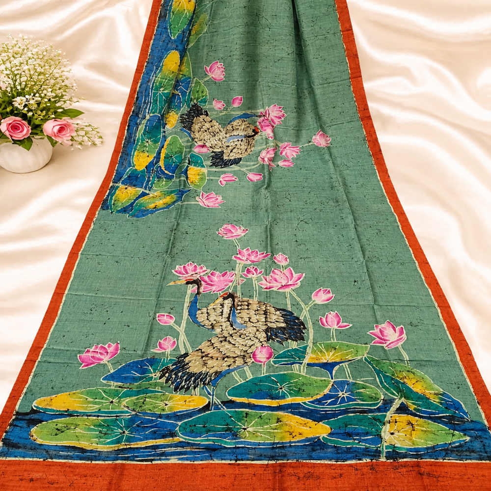 Hand batik on green Tussar saree 