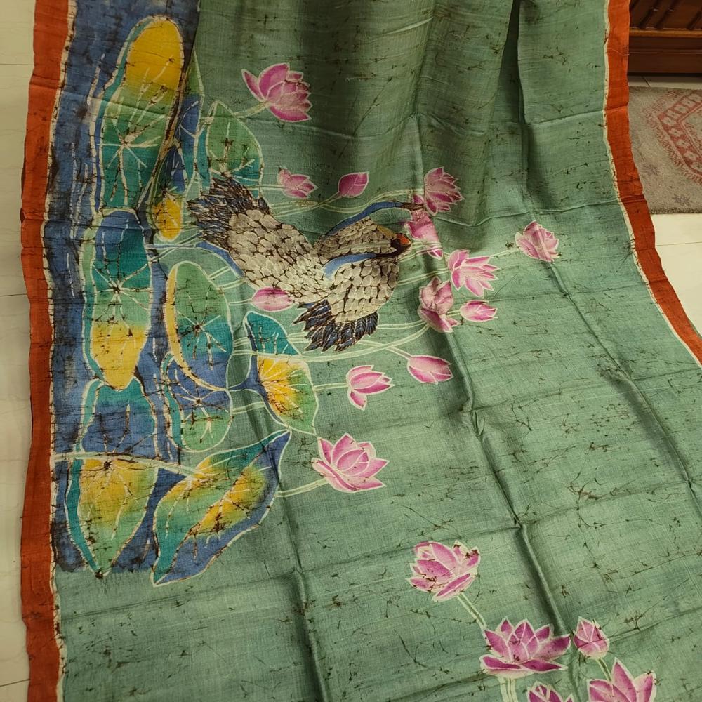 Hand batik on green Tussar saree 