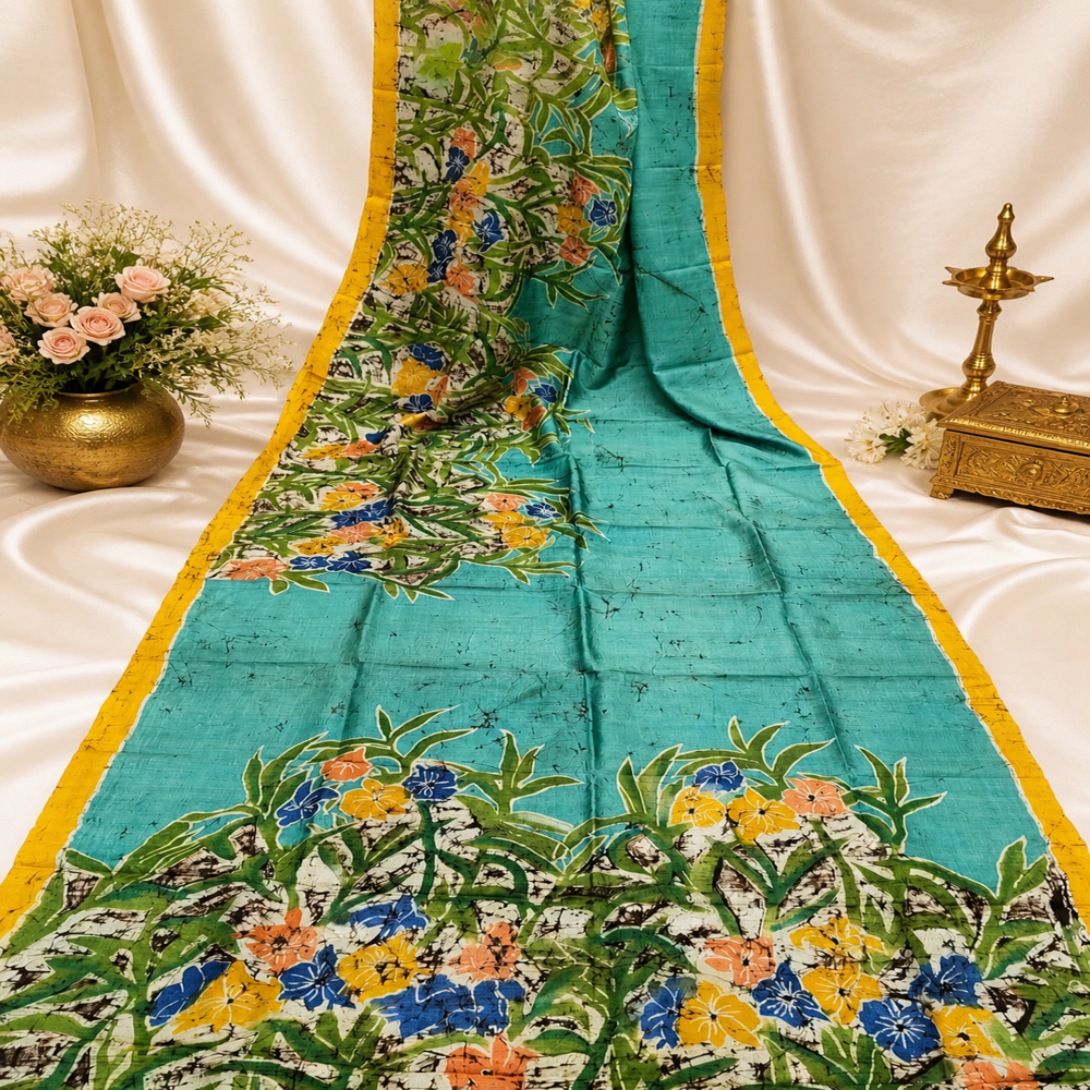Hand Batik On Green Tussar - Design: Floral