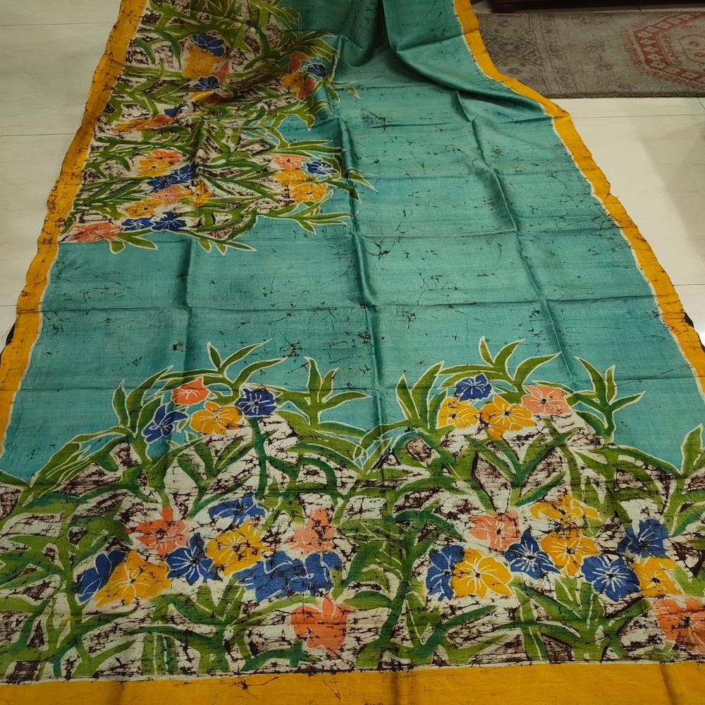 Hand batik on green Tussar 