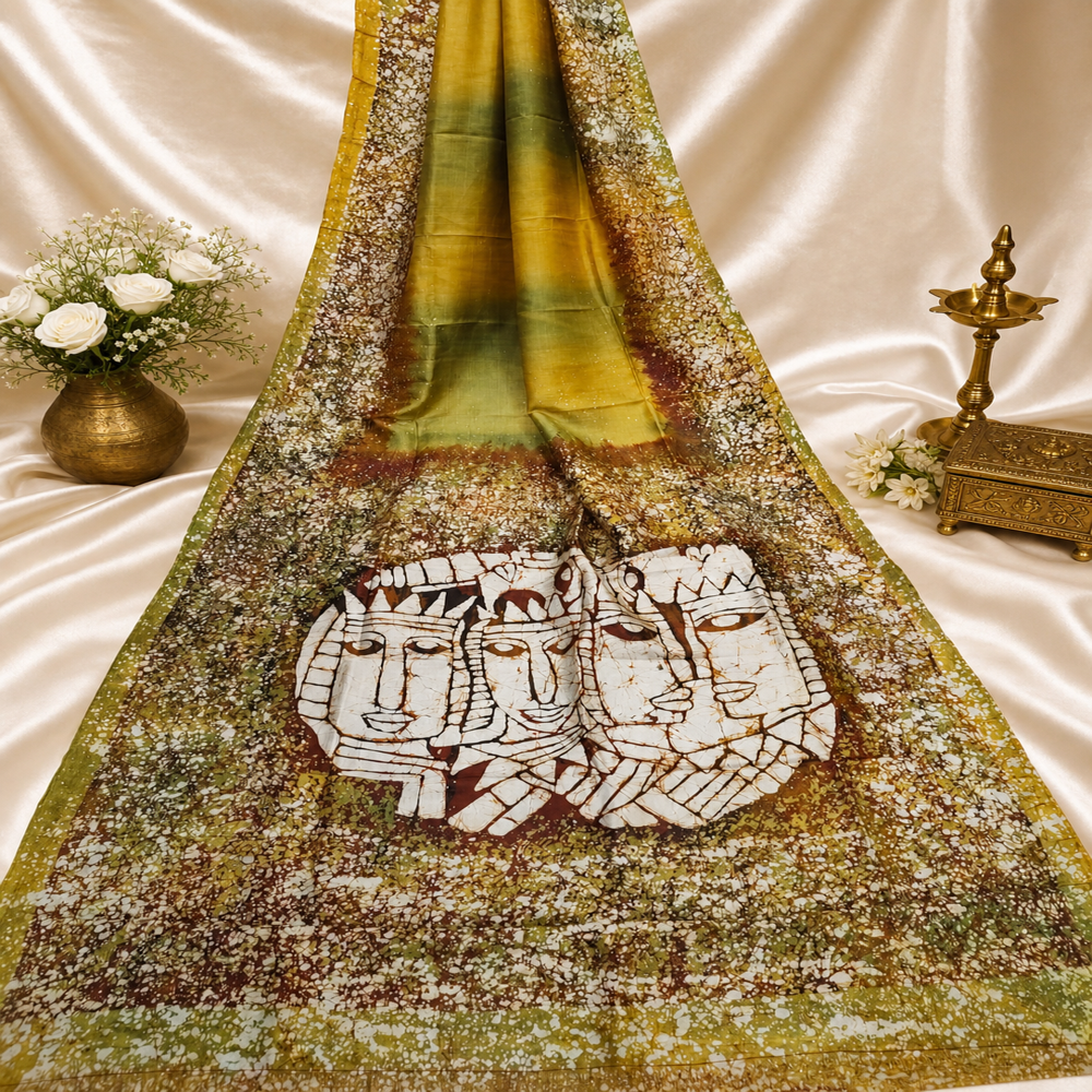 Hand batik on golden yellow and green Bishnupuri Katan silk