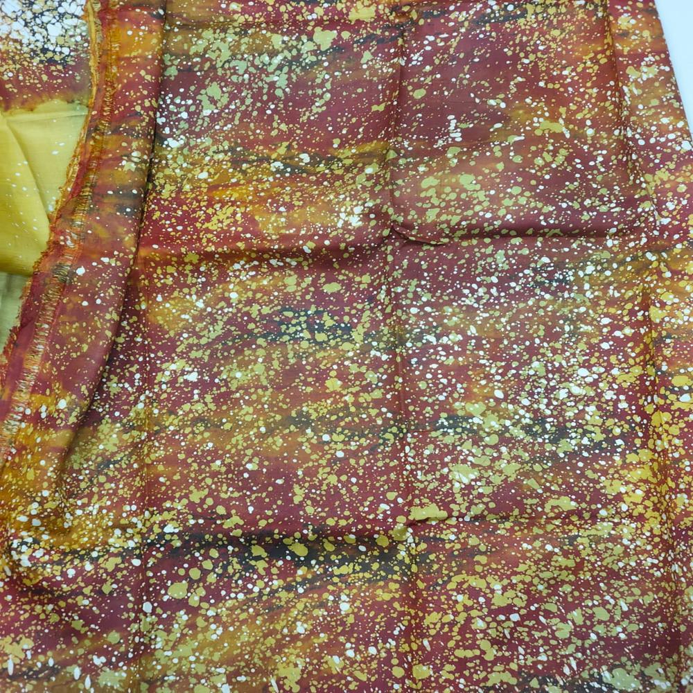 Hand batik on golden yellow and green Bishnupuri Katan silk