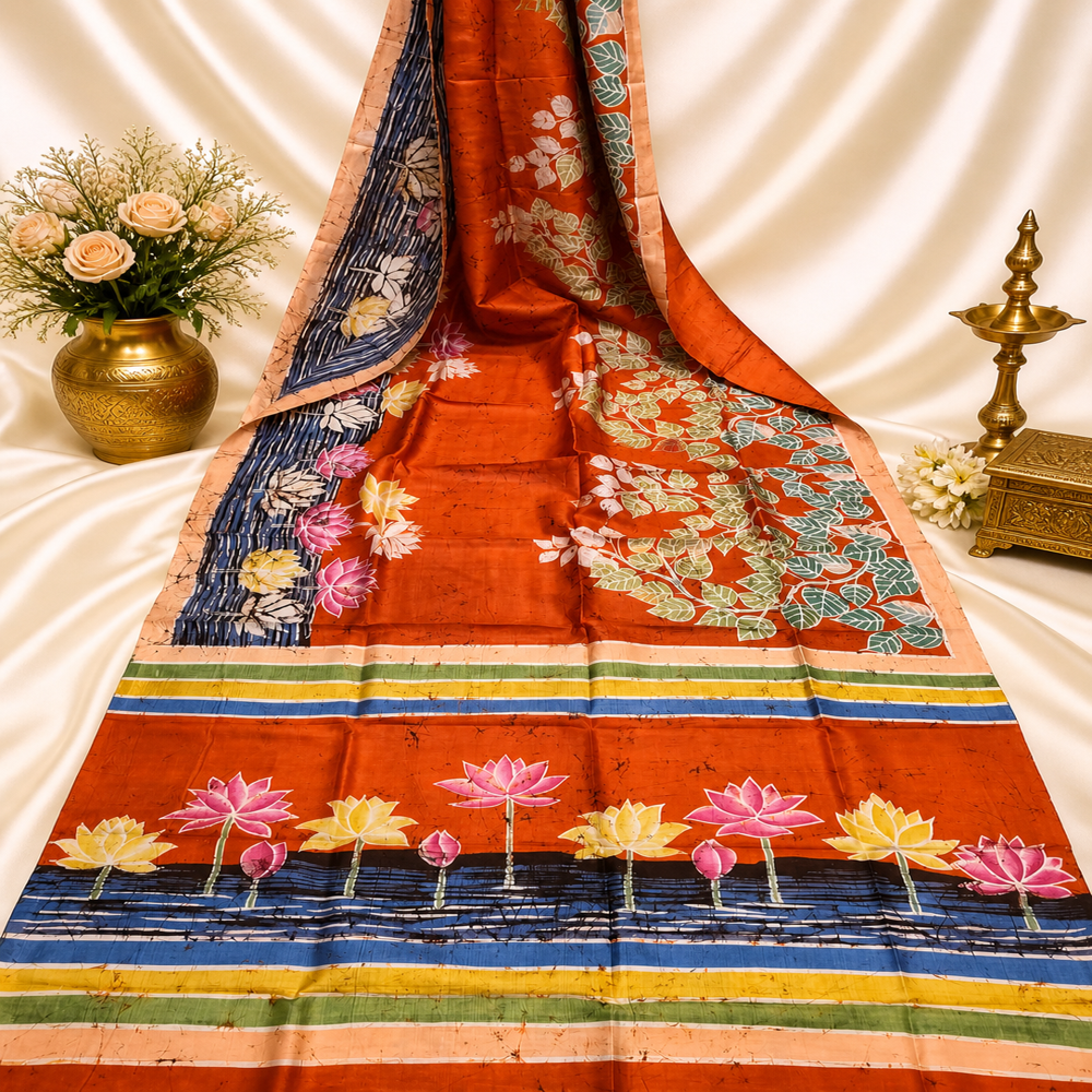 Hand batik on rust Bishnupuri Katan silk saree