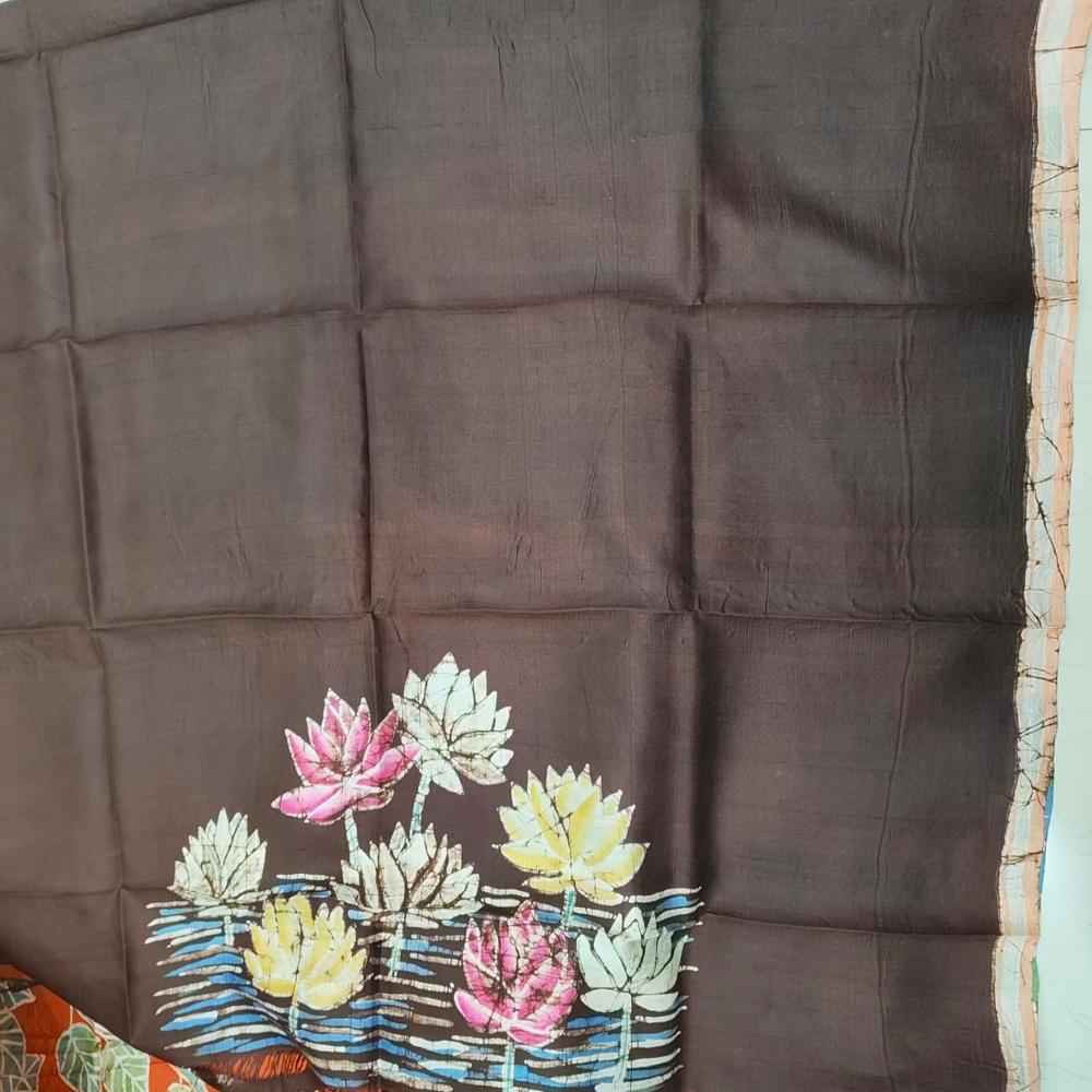Hand batik on rust Bishnupuri Katan silk saree 