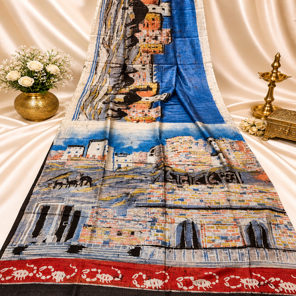 Hand batik on Bishnupuri Katan silk saree