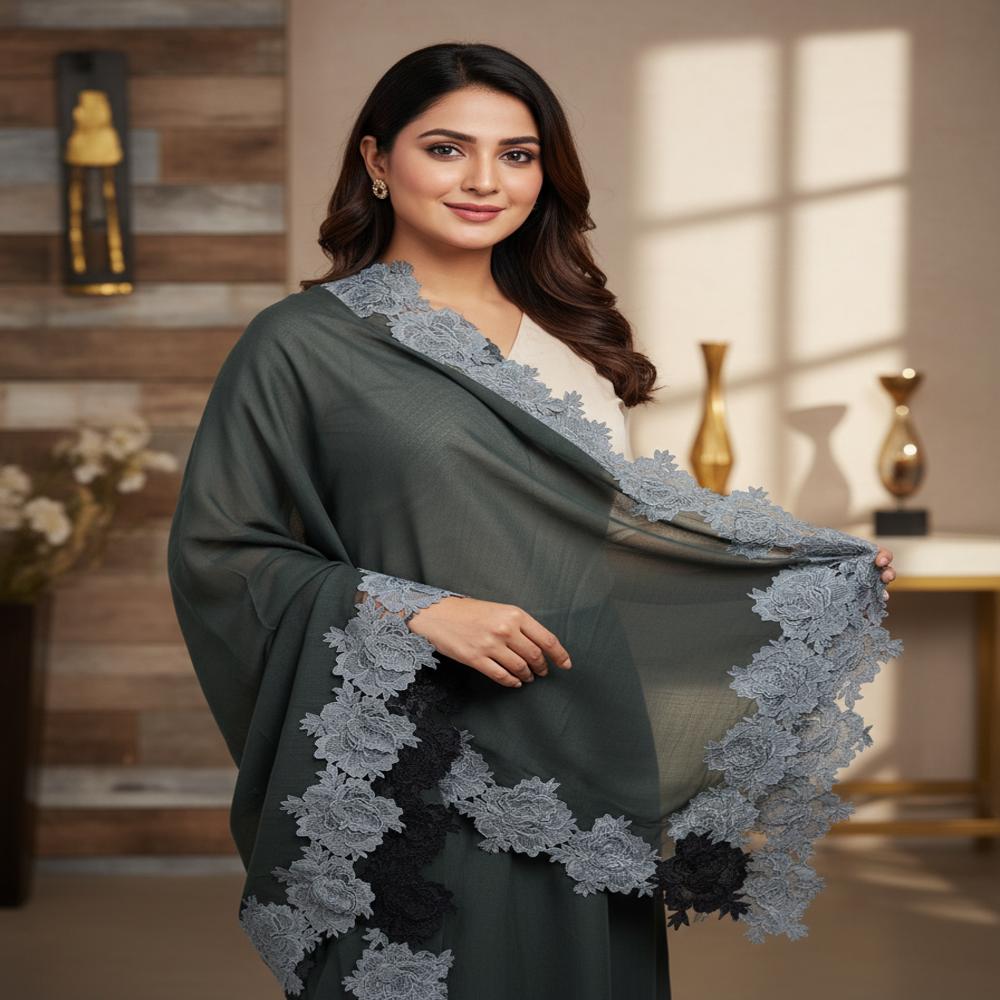Merino Wool 4 Side Rose Lace Work Border Stoles - Color: Assortted Colours