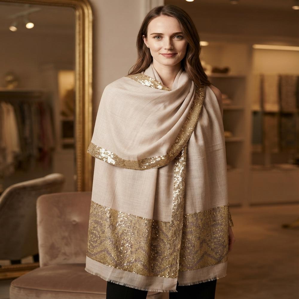 Silk Wool Sequin Work Stoles - Color: Multi-Color (As Shown In Image: Combinations Including Pink