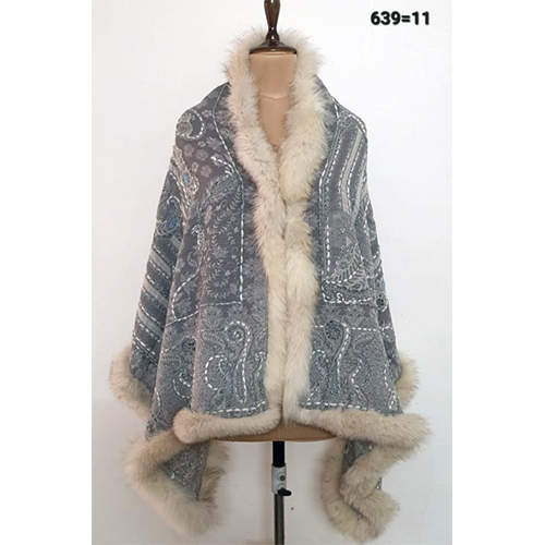 Pure Wool Jamawar 4 Side Recycled Fur Trim Stoles