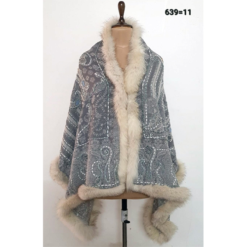 Pure Wool Jamawar 4 Side Recycled Fur Trim Stoles
